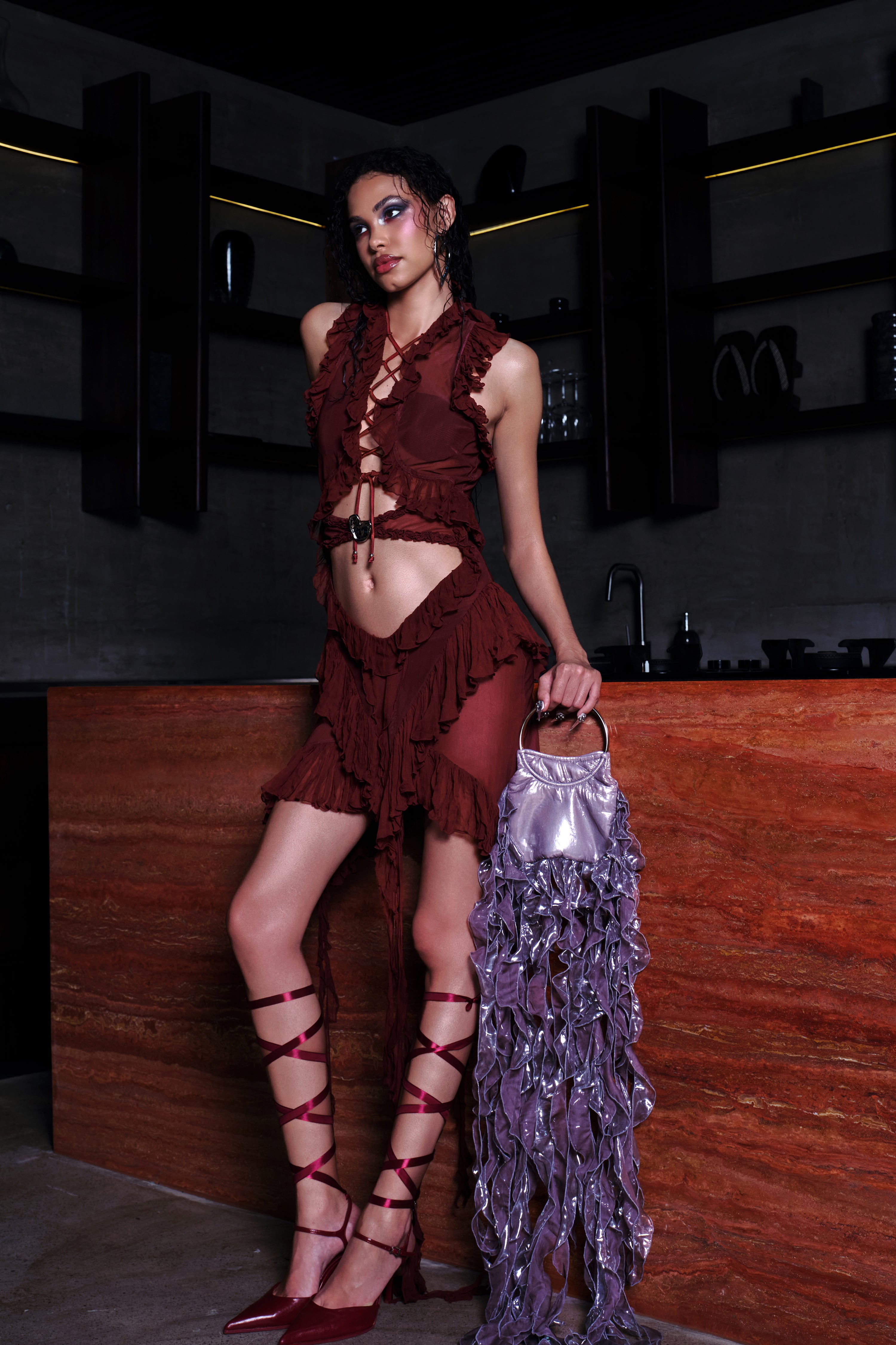 Heart Button Dress Wine Red