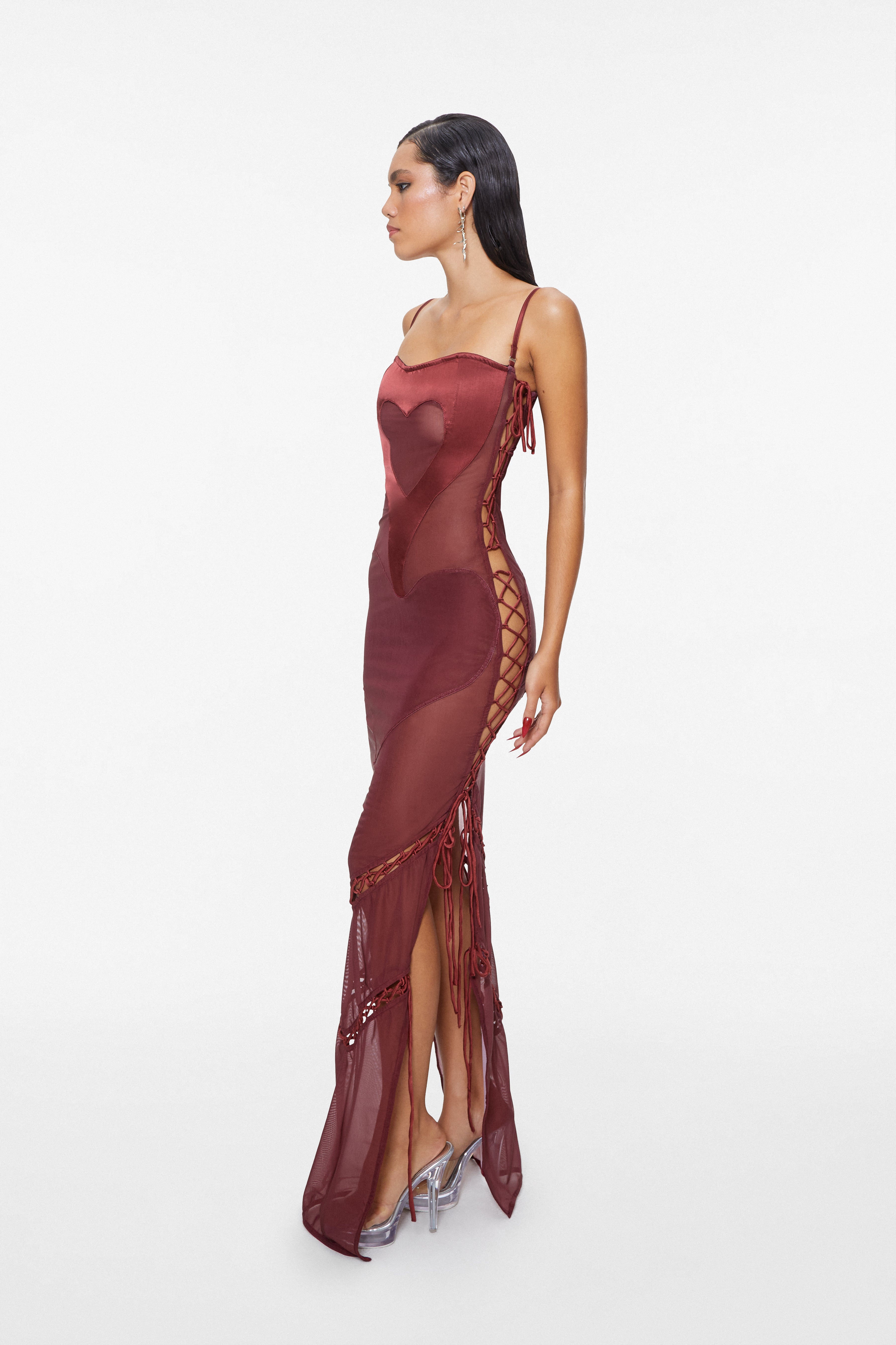 Heart Lace Maxi Dress Wine Red